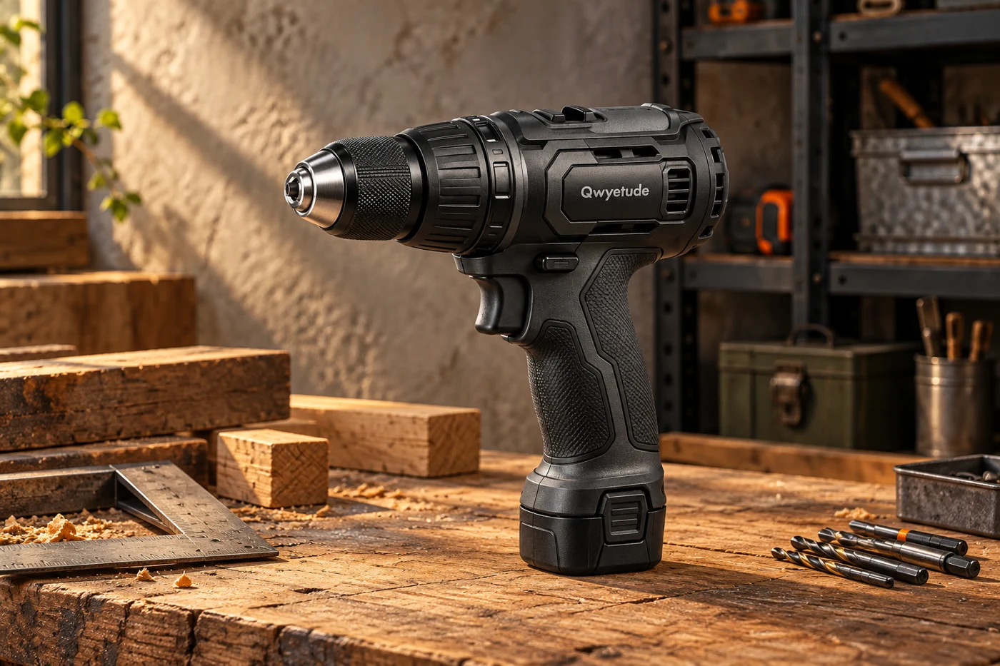 Qwyetude graphite drill on a timber workbench