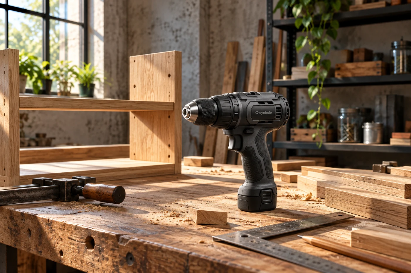 A light-filled home workshop with timber, tools and an assembly project